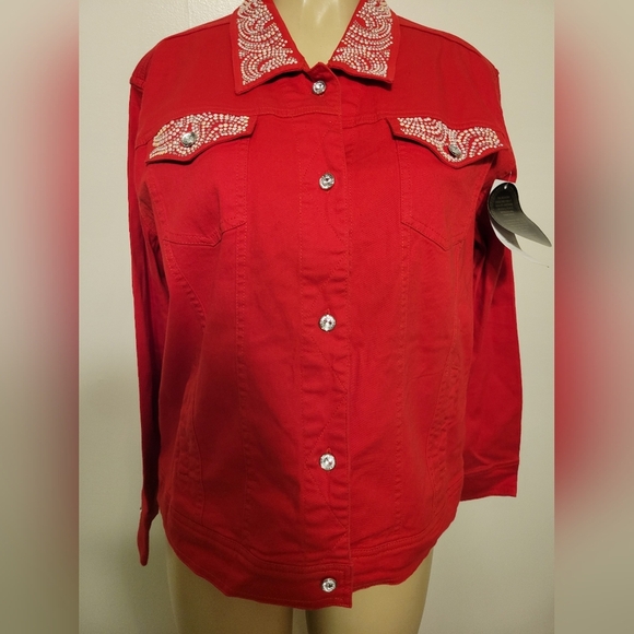 TIA Designs Red Embellished Women's Demin Jacket Rodeo Western Cowgirl Xl - Picture 1 of 6